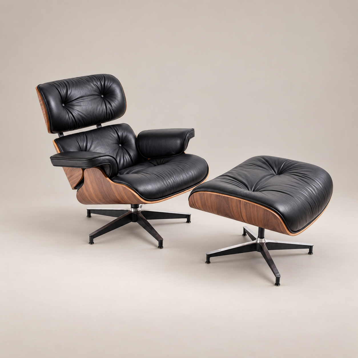 Eames Fauteuil Lounge mi-siècle et ottomane – Bois de noyer et cuir noir