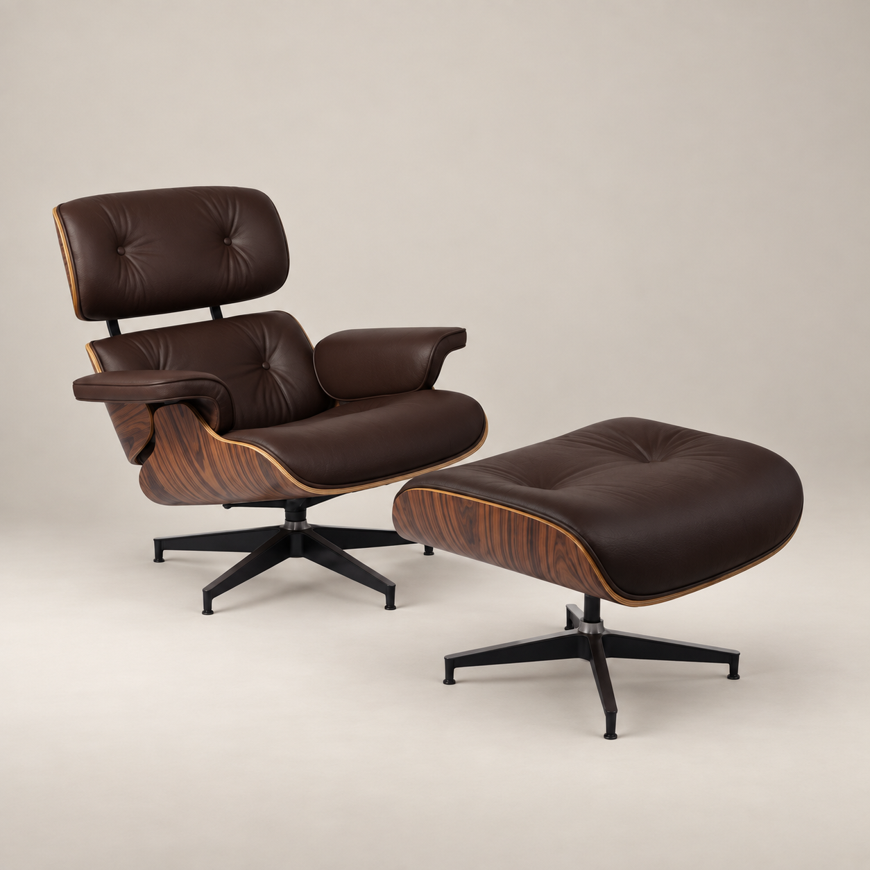 Eames Style Lounge Chair & Ottoman - Palissandre & Cuir Marron Foncé