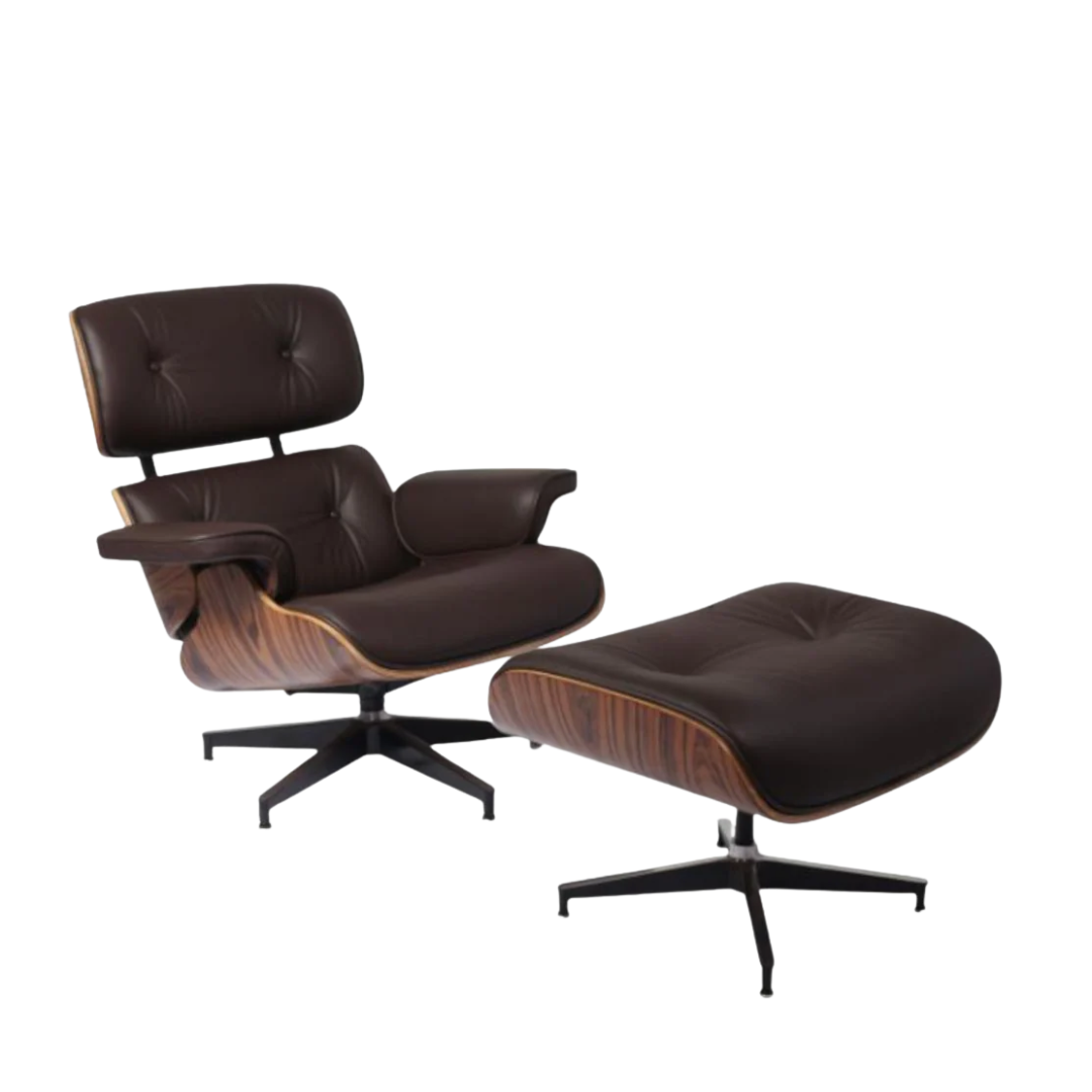Eames Style Lounge Chair & Ottoman - Palissander & Donkerbruin Leer