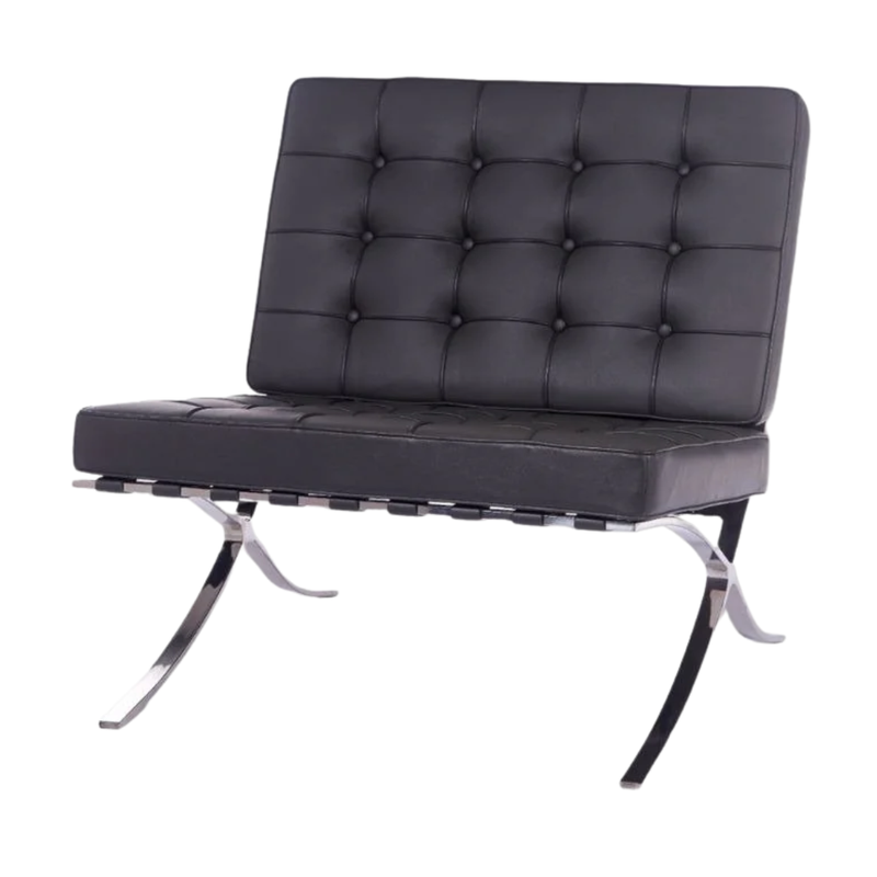 Black leather chair with chrome legs on a white background