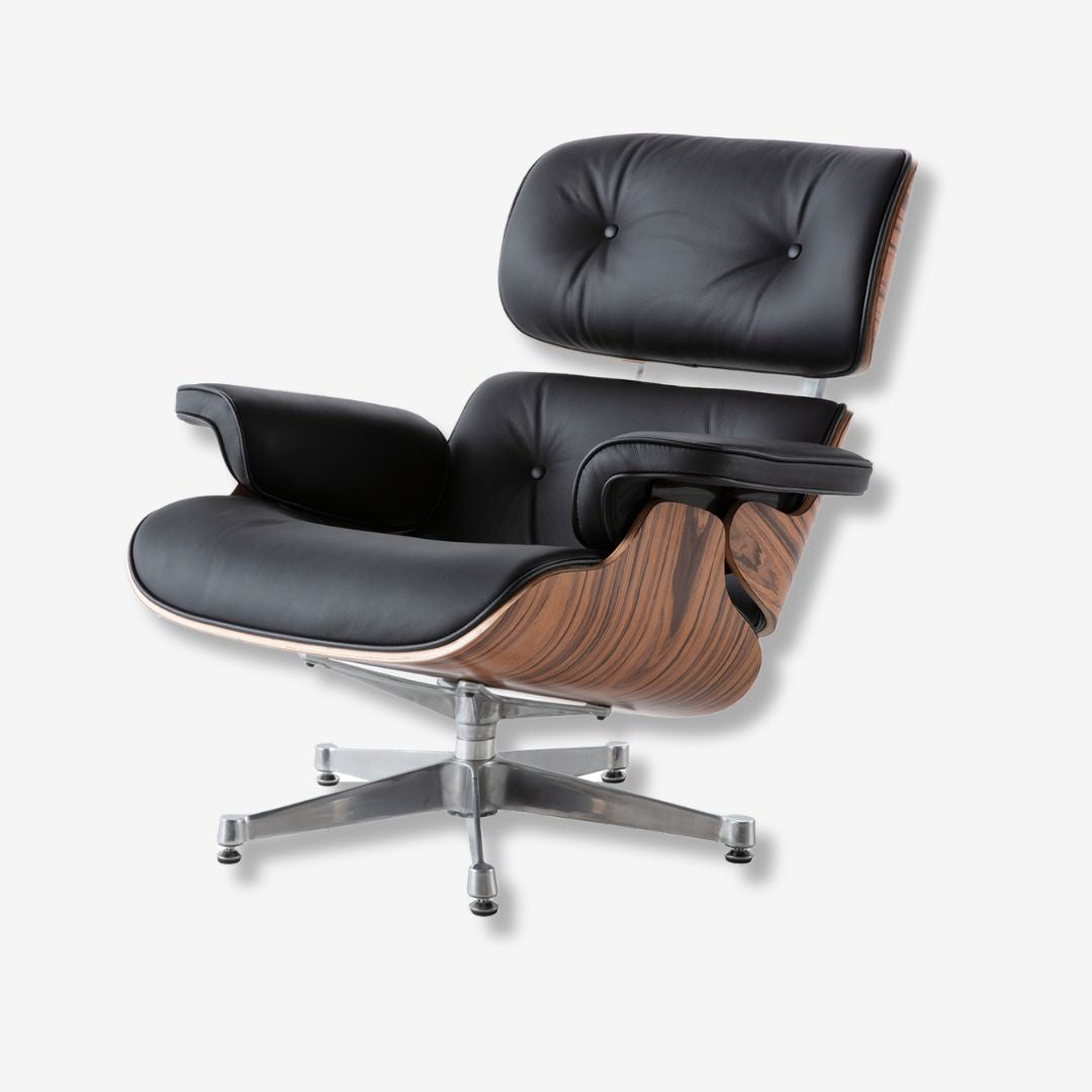 Sillón lounge estilo Eames con otomana – palisandro y cuero blanco