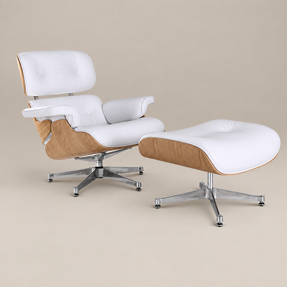 Charles Eames Inspired Lounge Chair & Ottoman - Ash Wood | White Leather