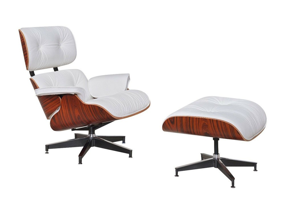 Eames Style Lounge Chair & Ottoman – Rosewood & white Leather