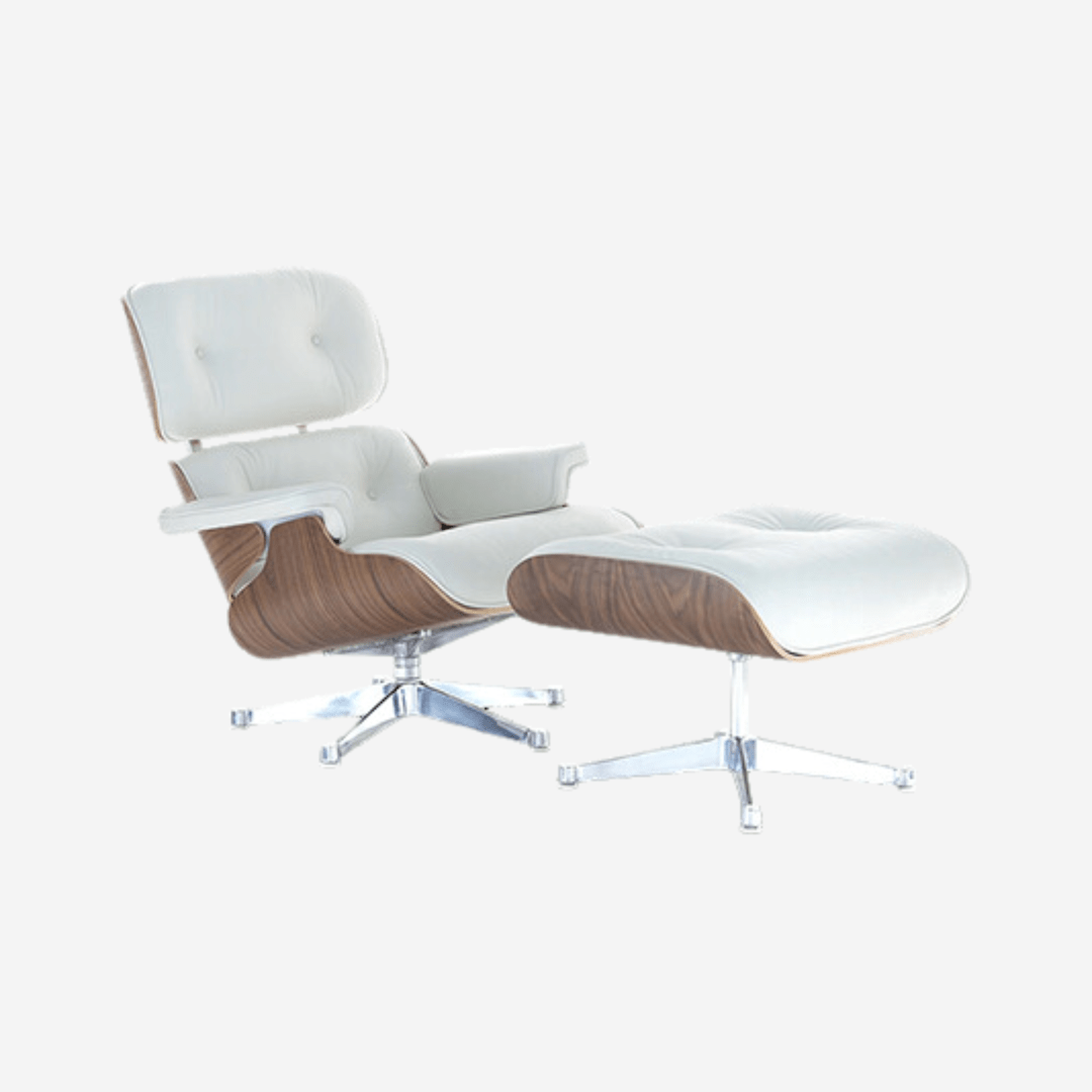 Eames Mid-Century Lounge Chair & Ottoman – Walnut Wood & White Leather