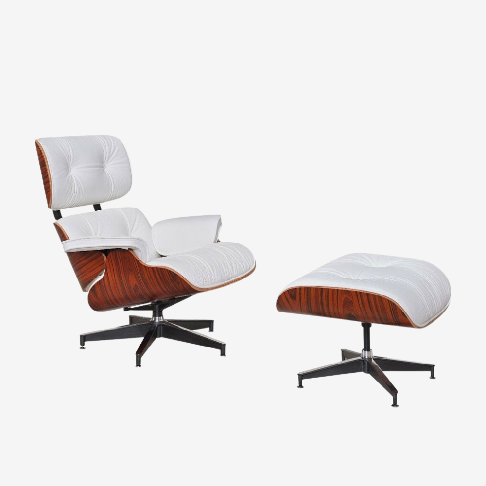 Eames Style Lounge Chair & Ottoman – Rosewood & white Leather