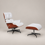 Sillón lounge estilo Eames con otomana – palisandro y cuero blanco