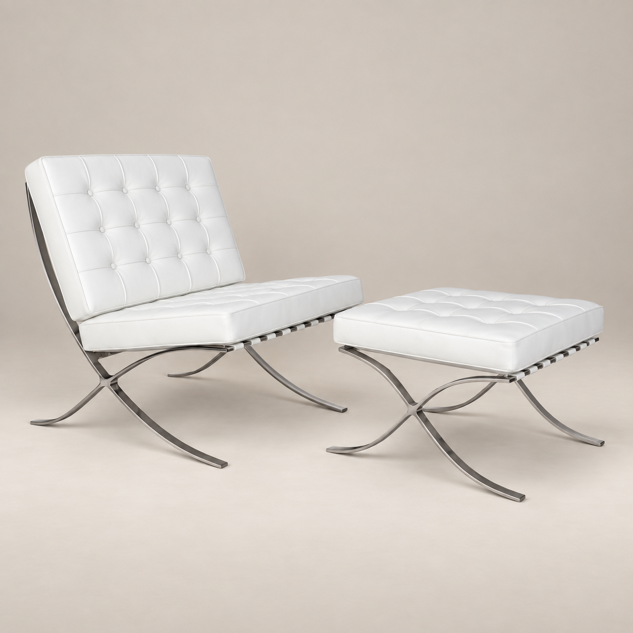 Mies Chaise Barcelona avec repose-pieds - Cuir blanc élégant