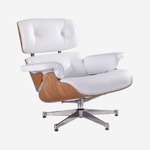 Door Charles Eames geïnspireerde loungestoel en voetenbank - Essenhout | Wit leer