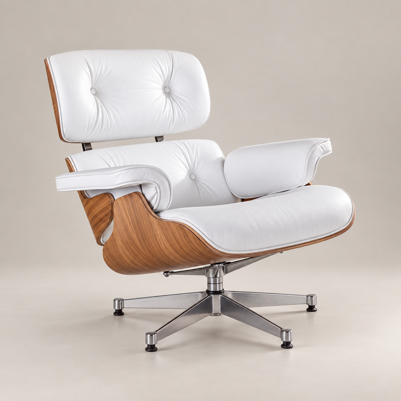 Charles Eames inspirierter Lounge-Sessel & Ottoman - Eschenholz | Weißes Leder