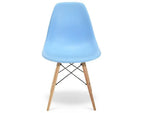 Blue chair with wooden legs on a white background
