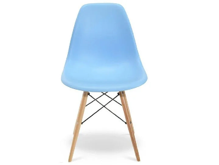 Blue chair with wooden legs on a white background