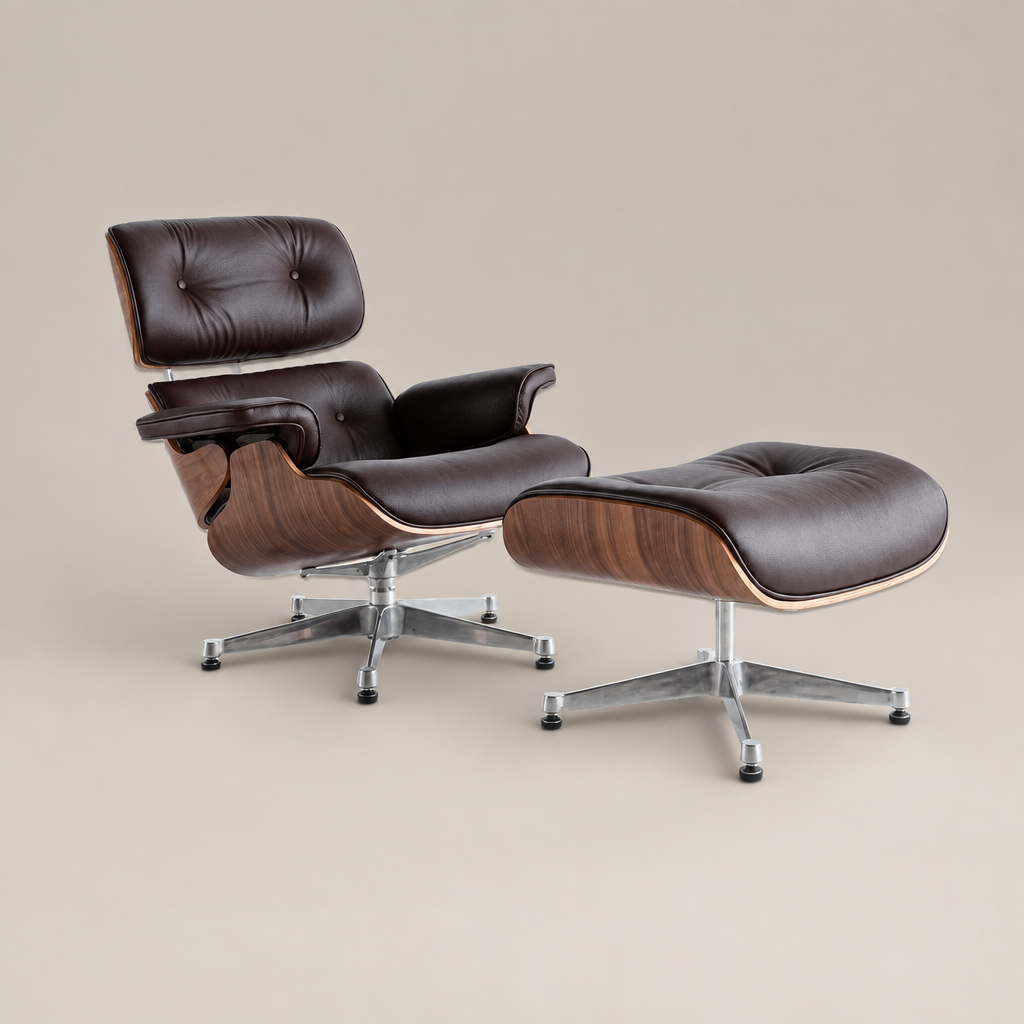 Eames Mid-Century Lounge Chair & Ottoman – Walnut Wood & Dark Brown Leather